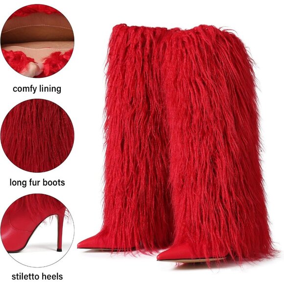 Women's B-Red Fur Knee High Heels Wide Calf Fold Over Fashion Boots Shoes - Picture 5 of 6
